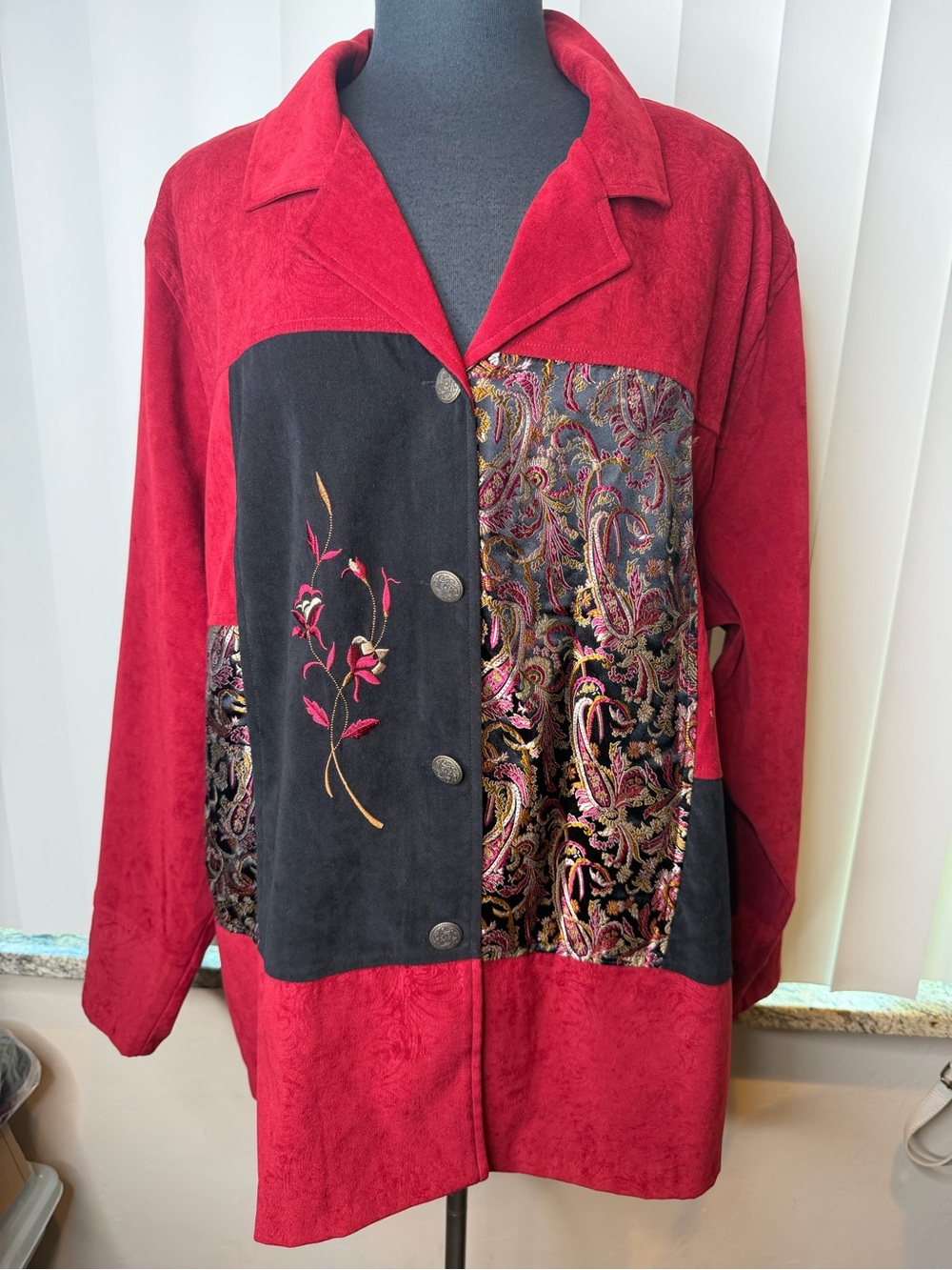 Vintage Notations Red Black Patchwork Embroidered Blazer Woman Size 3X